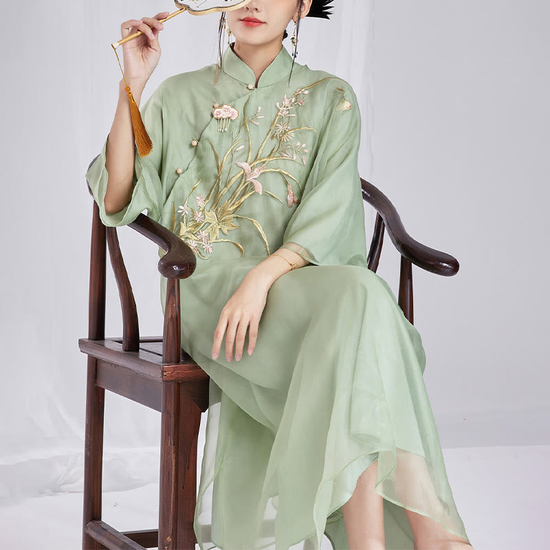 Buddha Stones 100% Mulberry Silk 6 Momme Dress Vintage Flower Butterfly Embroidery Qipao Dress Women's Cheongsam Dress - image 10
