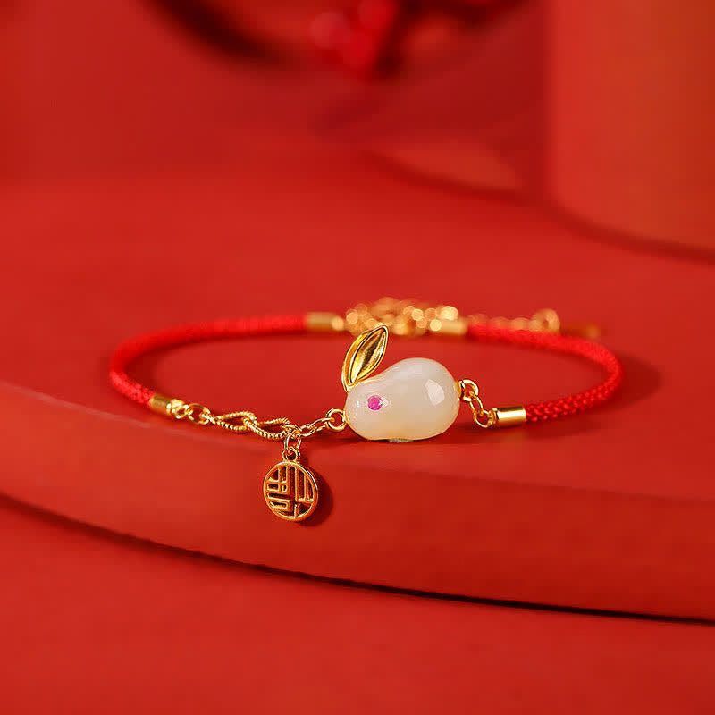 Buddha Stones 925 Sterling Silver Year of the Rabbit Hetian White Jade Luck Blessing Red String Bracelet - Hetian White Jade(Protection♥Happiness)(Bracelet Size 17cm+5cm) - image 0