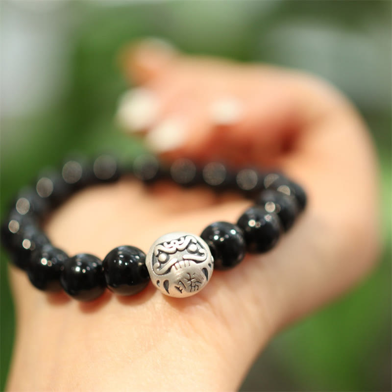 Buddha Stones 925 Sterling Silver Black Onyx Bead Character Engraved Protection Bracelet - image 4