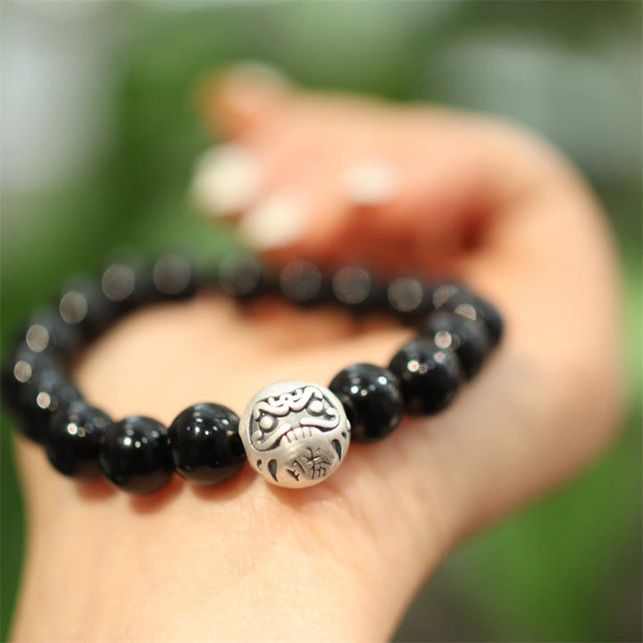 Buddha Stones 925 Sterling Silver Black Onyx Bead Character Engraved Protection Bracelet - image 4