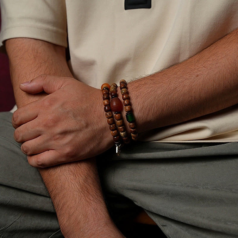 Buddha Stones Tibetan Bodhi Seed Amber Dzi Bead Agate Zakiram Goddess of Wealth Beads Triple Wrap Bracelet - image 17