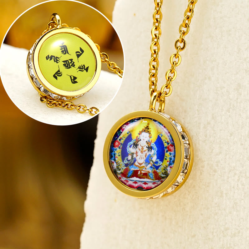 Buddha Stones Tibetan Yellow God Of Wealth Green Tara Buddha Serenity Titanium Steel Necklace Pendant - Front Vajrasattva Bodhisattva Back Mantra - image 10