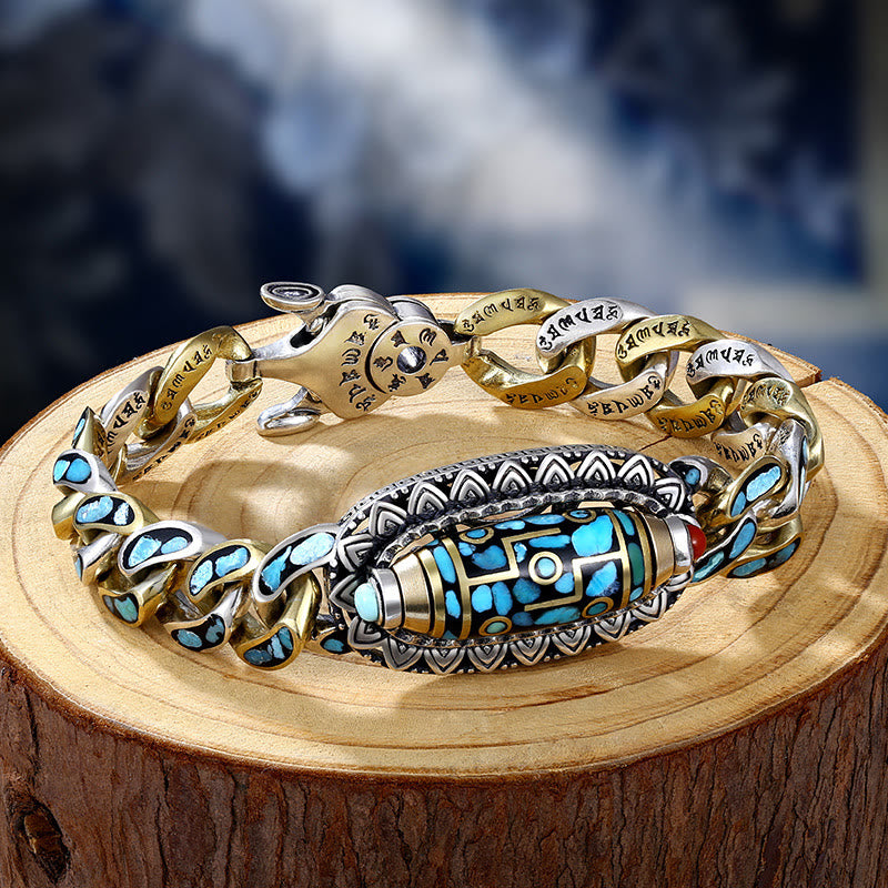 Buddha Stones Tibetan Nine-Eye Dzi Bead Om Mani Padme Hum Turquoise Protection Rotatable Bracelet - Nine-Eye Dzi Bead(Wealth♥Protection) - 22cm fit for Wrist Circumference 20cm - image 0