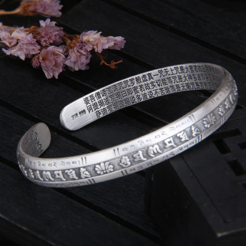 Buddha Stones 999 Sterling Silver Om Mani Padme Hum Heart Sutra Lotus Peace Bracelet Bangle - image 2