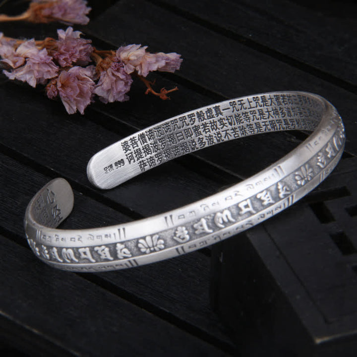 Buddha Stones 999 Sterling Silver Om Mani Padme Hum Heart Sutra Lotus Peace Bracelet Bangle - image 2