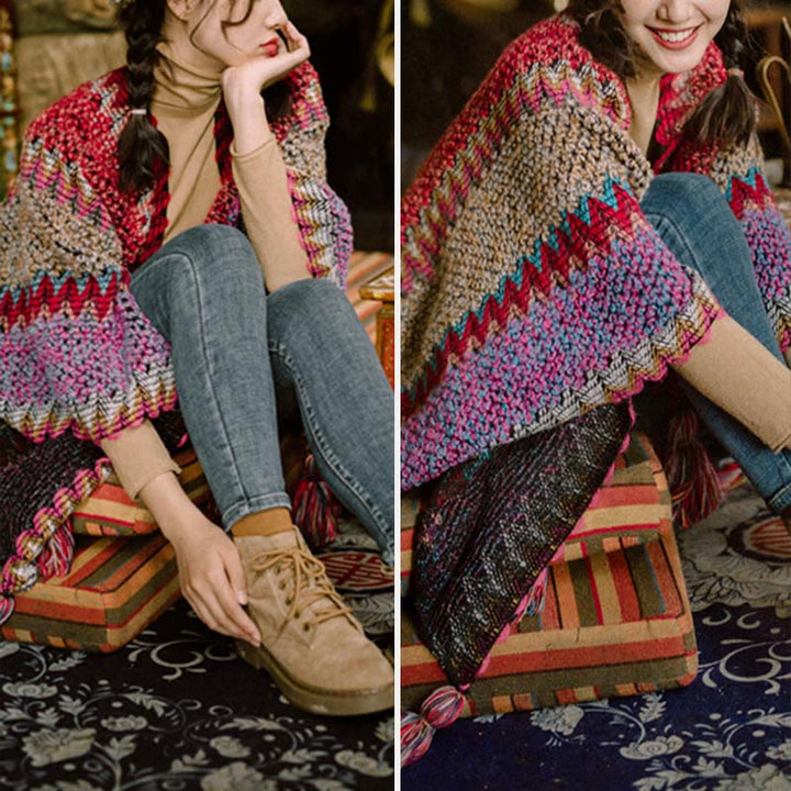 Buddha Stones Tibetan Shawl Knitting Warm Cloak Tibetan Tassel Scarf - image 9