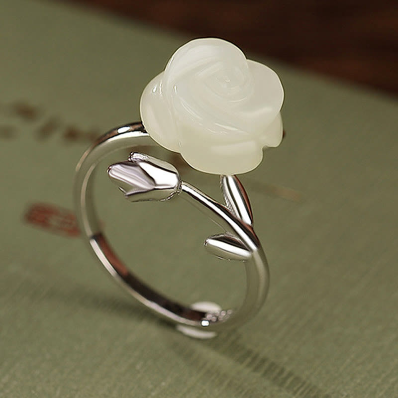 Buddha Stones 925 Sterling Silver Plated Gold Rose Flower Hetian White Jade Happiness Ring - image 10
