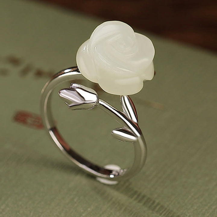 Buddha Stones 925 Sterling Silver Plated Gold Rose Flower Hetian White Jade Happiness Ring - image 10
