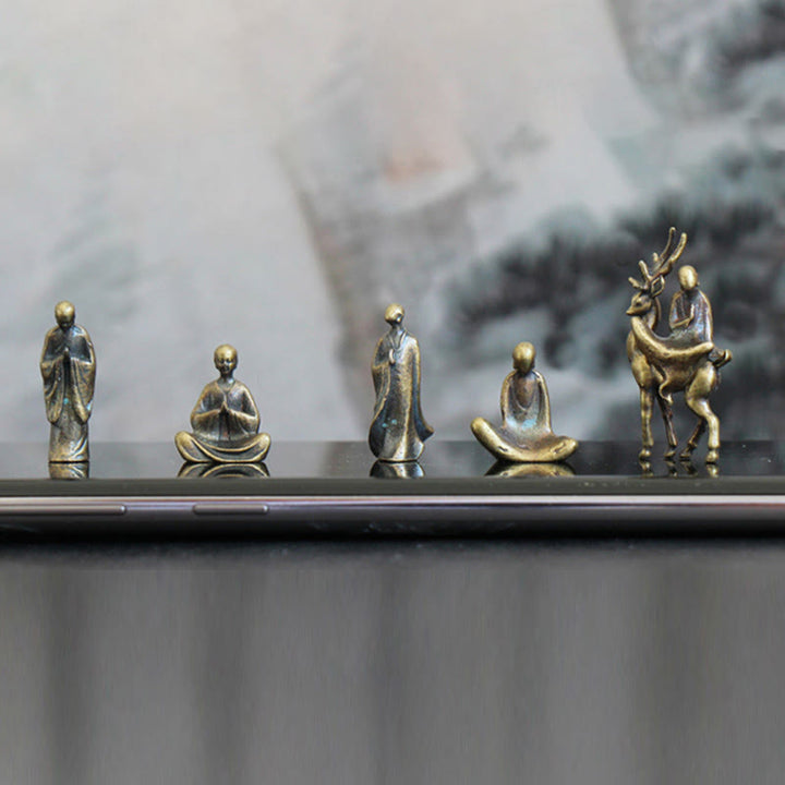 Buddha Stones Mini Meditation Buddha Metal Monk Serenity Home Decoration - Mini 5 Buddha Statues+Deer - image 5