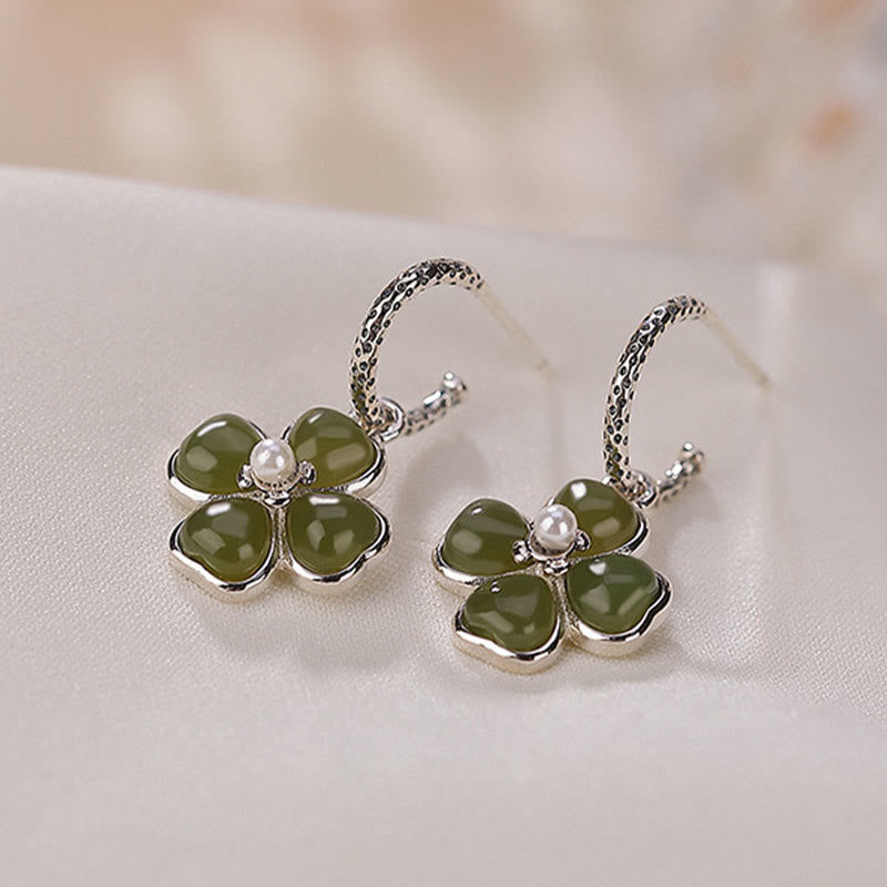 Buddha Stones 925 Sterling Silver Natural Cyan Jade Four Leaf Clover Luck Success Earrings - image 10