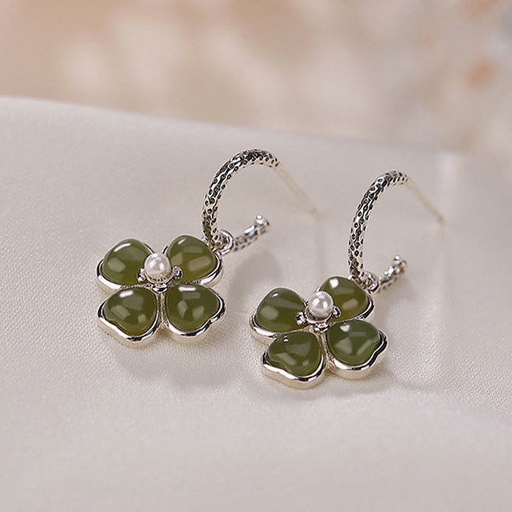 Buddha Stones 925 Sterling Silver Natural Cyan Jade Four Leaf Clover Luck Success Earrings - image 10