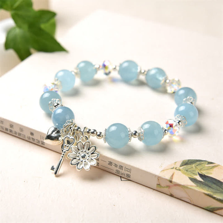 Buddha Stones 925 Sterling Silver Natural Aquamarine Serenity Flower Love Key Charm Bracelet - image 6