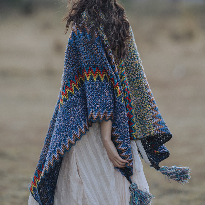 Buddha Stones Tibetan Shawl Soft Warm Knitting Cloak Winter Tibetan Tassel Scarf - image 1