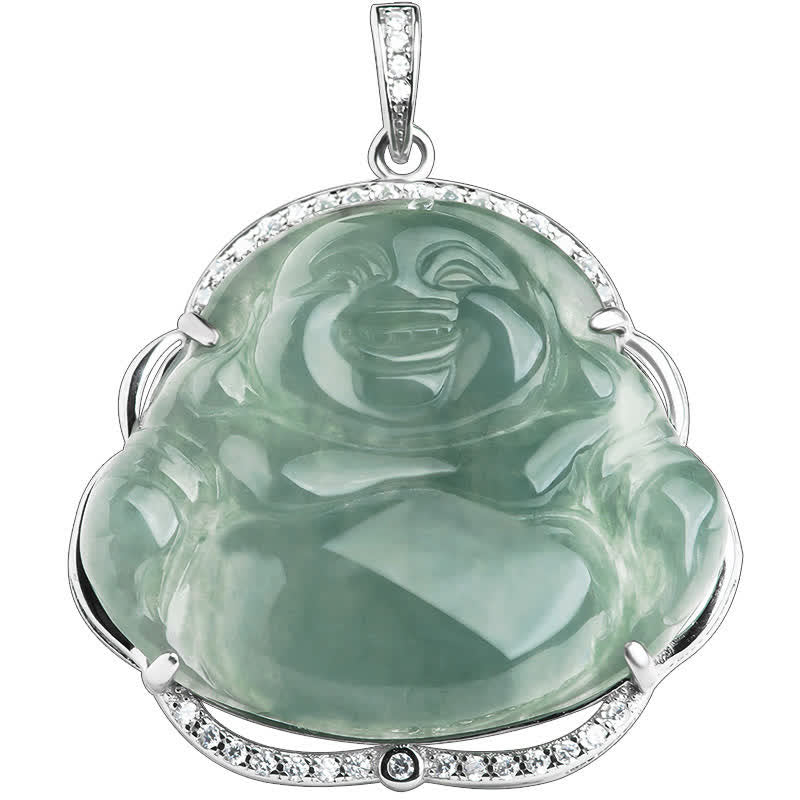 Buddha Stones 925 Sterling Silver Laughing Buddha Natural Jade Luck Necklace Chain Pendant - image 4