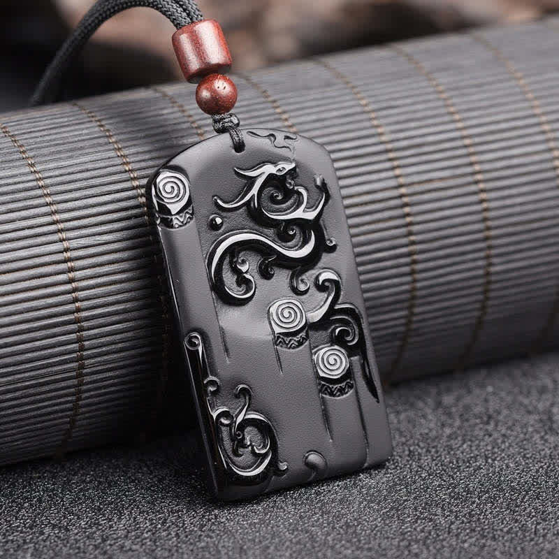 Buddha Stones Black Obsidian Dragon Phoenix Success Necklace Pendant - Black Obsidian (Purification ♥ Transformation) - image 0