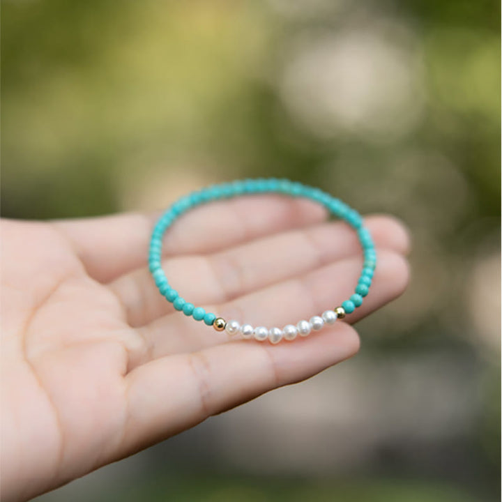 Buddha Stones 925 Sterling Silver Natural Turquoise Pearl Beaded Bracelet - image 11