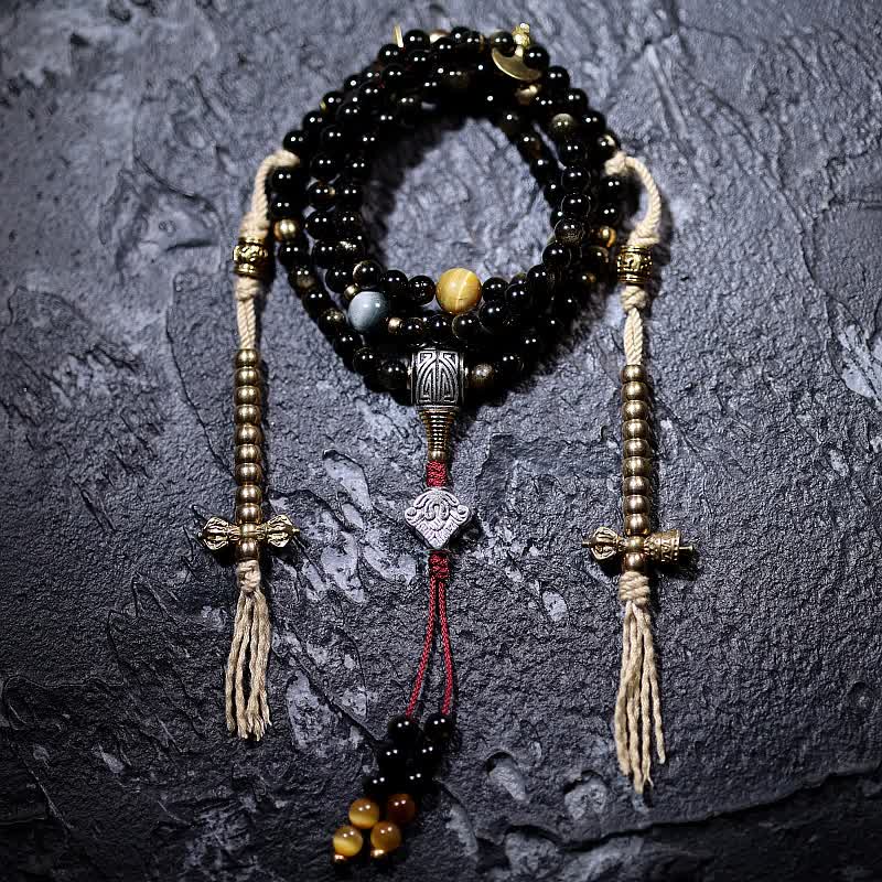 Buddha Stones 108 Mala Beads Gold Sheen Obsidian Tiger Eye Eagle's Eye Stone Wealth Bracelet - 6mm - Copper Counter - image 4