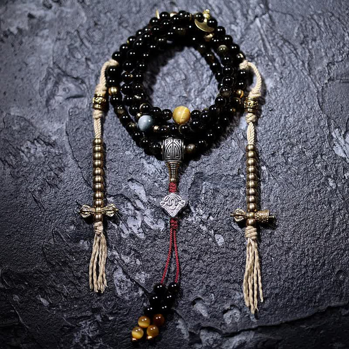 Buddha Stones 108 Mala Beads Gold Sheen Obsidian Tiger Eye Eagle's Eye Stone Wealth Bracelet - 6mm - Copper Counter - image 4