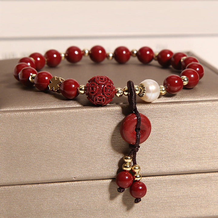 Buddha Stones Natural Cinnabar Peace Buckle Copper Coin Charm Blessing Bracelet - image 2