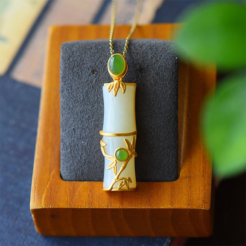 Buddha Stones White Jade Cyan Jade Bamboo Protection Necklace Pendant - image 0