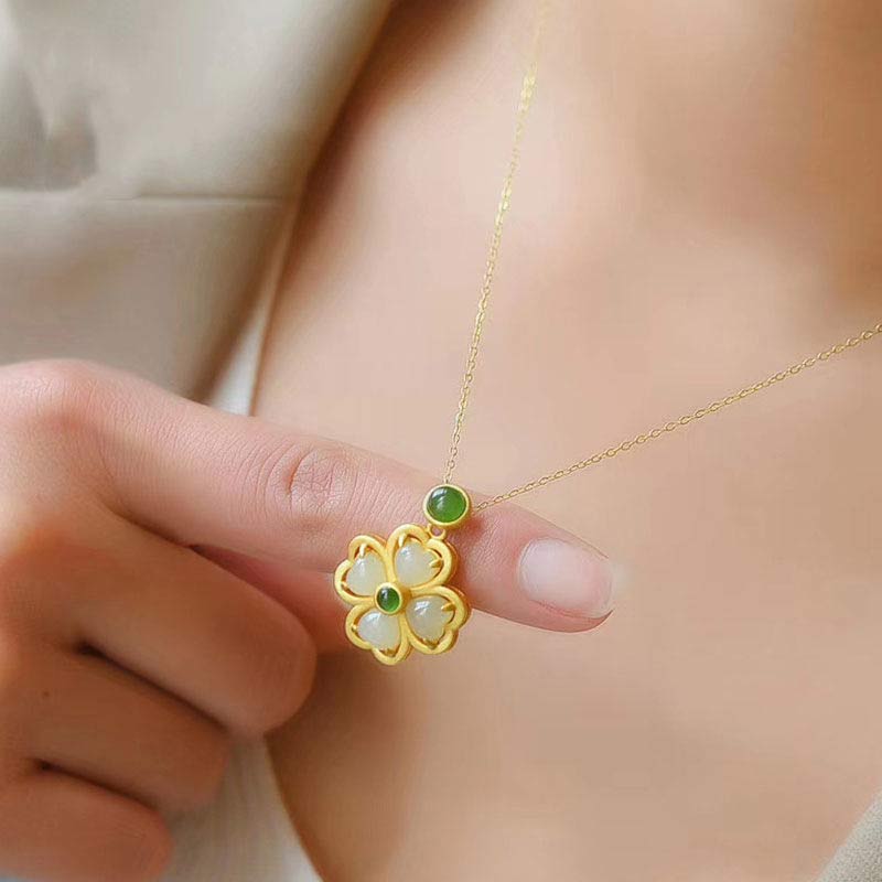 Buddha Stones 925 Sterling Silver Lucky Four Leaf Clover Jade Prosperity Necklace Chain Pendant - image 4
