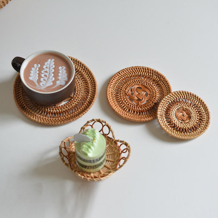 Ceramic Flower Pattern Rattan Cup Mat Tea Cup Coaster - image 1