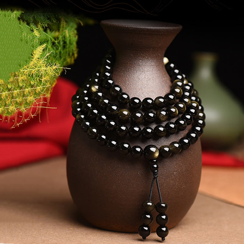 Buddha Stones 108 Mala Beads Natural Gold Sheen Obsidian Wealth Bracelet - 8mm - image 0
