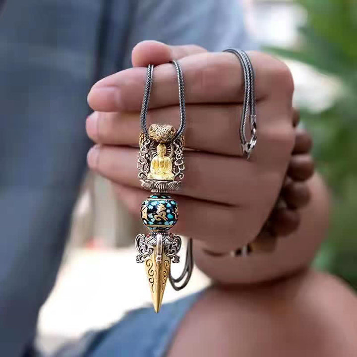 Buddha Stones Tibetan Om Mani Padme Hum Buddha Wealth Rotation Necklace Vajra Pendant - Pendant&Chain - image 3