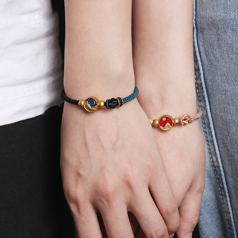 Buddha Stones Handmade Mountain and Sea Engraved Luck Two-Color String Couple Bracelet - image 3