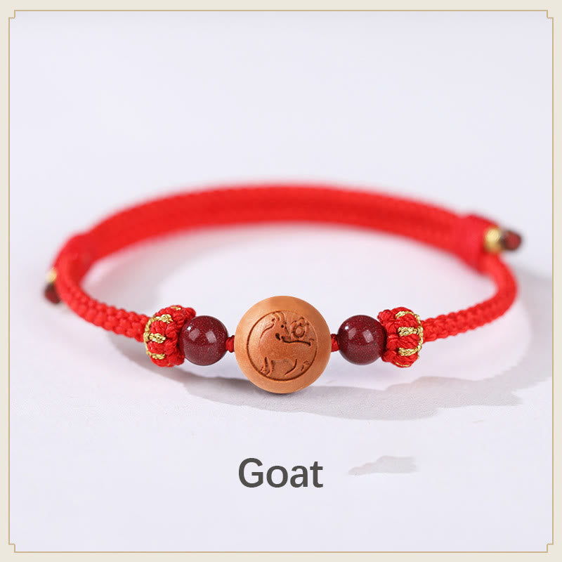 Buddha Stones Natural Peach Wood Chinese Zodiac Fu Character Carved Cinnabar Wealth Bracelet - Goat-Red(Wrist Circumference 14-22cm) - image 6