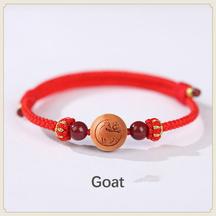 Buddha Stones Natural Peach Wood Chinese Zodiac Fu Character Carved Cinnabar Wealth Bracelet - Goat-Red(Wrist Circumference 14-22cm) - image 6