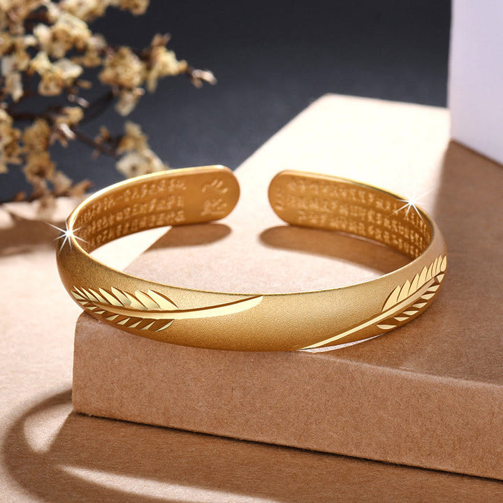 Buddha Stones Feather Heart Sutra Engraved Pattern Wealth Copper Cuff Bracelet Bangle - image 2