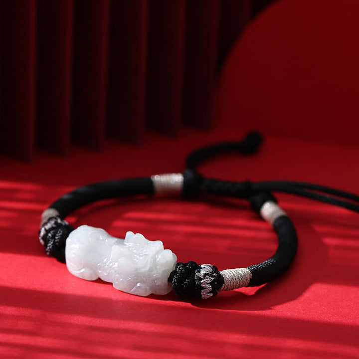 Buddha Stones Handmade Natural Jade PiXiu Luck Prosperity Braided String Bracelet - image 2