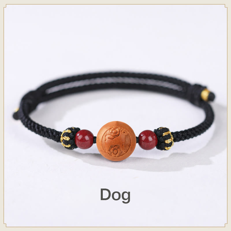 Buddha Stones Natural Peach Wood Chinese Zodiac Fu Character Carved Cinnabar Wealth Bracelet - Dog-Black(Wrist Circumference 14-22cm) - image 24
