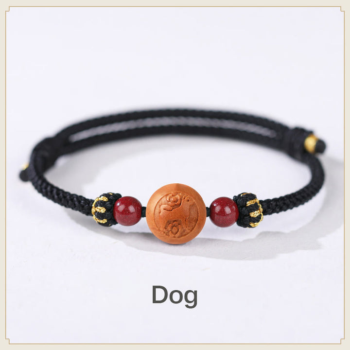 Buddha Stones Natural Peach Wood Chinese Zodiac Fu Character Carved Cinnabar Wealth Bracelet - Dog-Black(Wrist Circumference 14-22cm) - image 24
