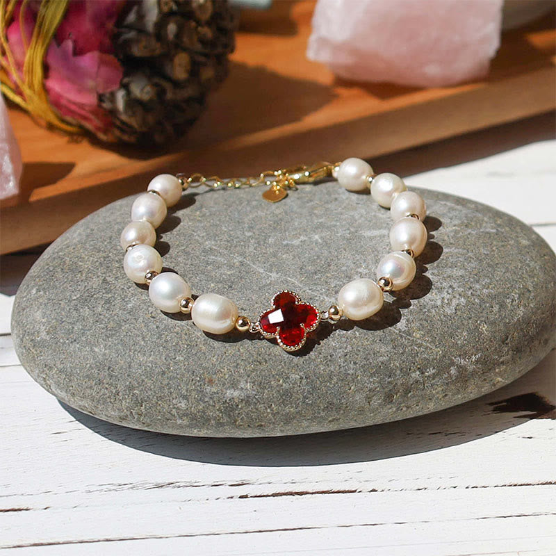 Buddha Stones Pearl Four Leaf Clover Wealth Chain Bracelet - image 1