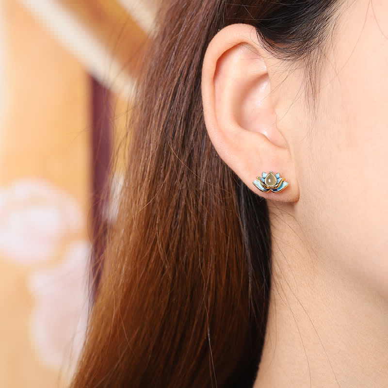 925 Sterling Silver Hetian Cyan Jade Lotus Flower Success Earrings - image 1
