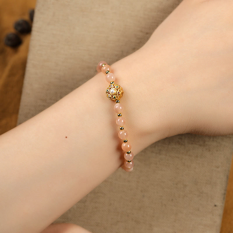Buddha Stones 14K Gold Plated Natural Strawberry Quartz Labradorite Sun Stone Fu Character Positive Charm Bracelet - image 14