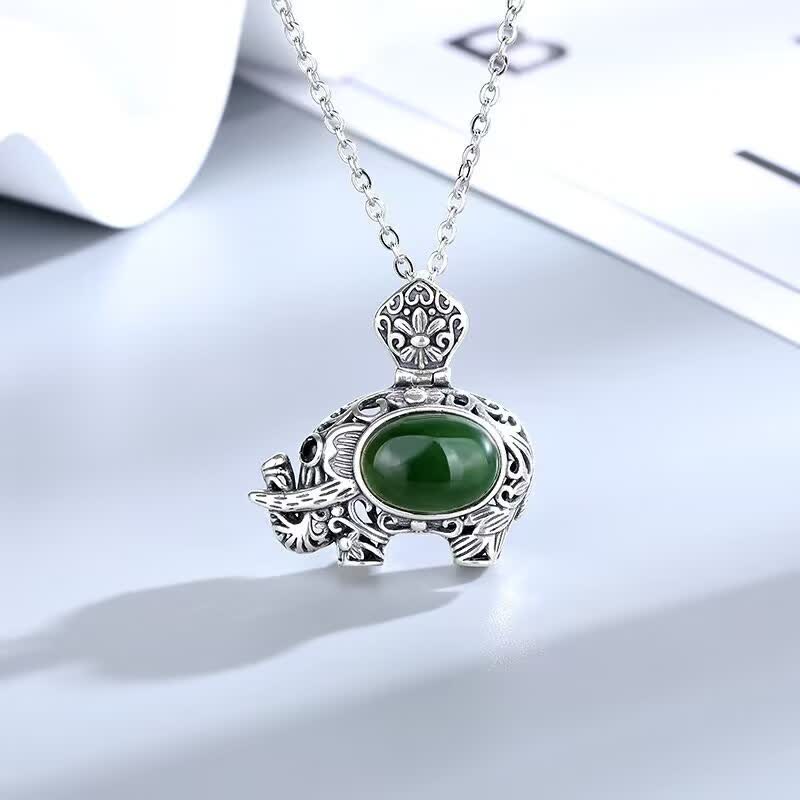 925 Sterling Silver Hetian Cyan Jade Elephant Success Necklace Pendant - Hetian Cyan Jade(Success♥Healing) - image 0
