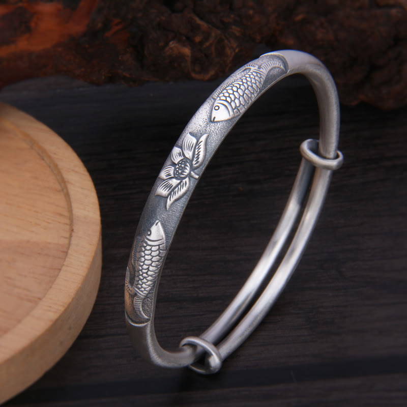 Buddha Stones 999 Sterling Silver Koi Fish Lotus Wealth Luck Bracelet Bangle - image 1