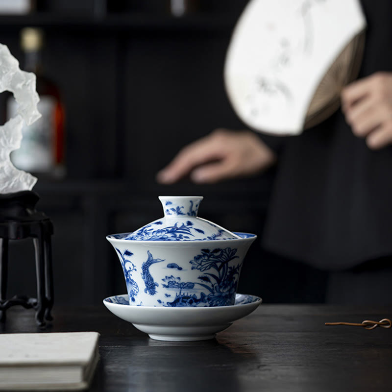 Buddha Stones Blue And White Porcelain Lotus Koi Fish Lion Dance Watermelon Ceramic Gaiwan Sancai Teacup Kung Fu Tea Cup And Saucer With Lid 300ml - image 5
