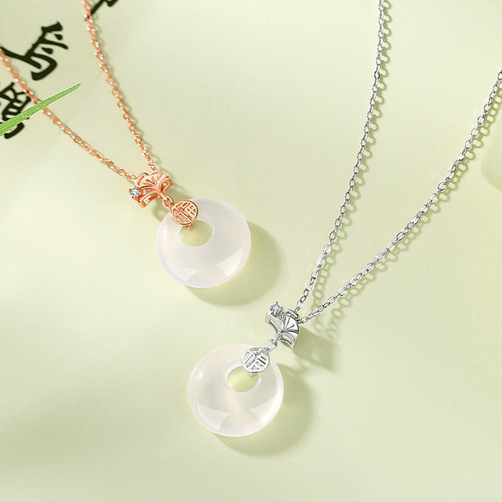 Buddha Stones 925 Sterling Silver Ginkgo Leaf Butterfly Rose Chalcedony Hetian Jade Peace Buckle Fu Character Harmony Necklace Pendant - image 1
