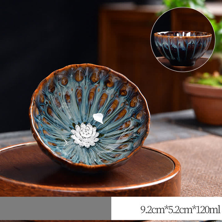 Buddha Stones Lotus Peacock Dragon Phoenix Koi Fish Ceramic Teacup Inlaid Tea Cups 120ml - Silver - Lotus - image 16