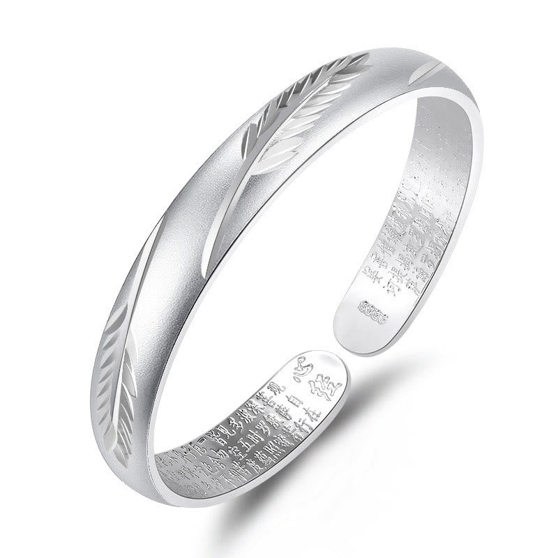 Buddha Stones Feather Heart Sutra Engraved Pattern Wealth Copper Cuff Bracelet Bangle - Silver Feather - image 5