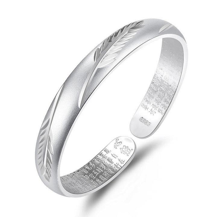 Buddha Stones Feather Heart Sutra Engraved Pattern Wealth Copper Cuff Bracelet Bangle - Silver Feather - image 5