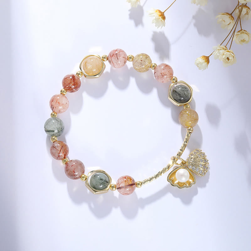 Buddha Stones Natural Colorful Rutilated Quartz Shell Protection Bead Bracelet - image 3