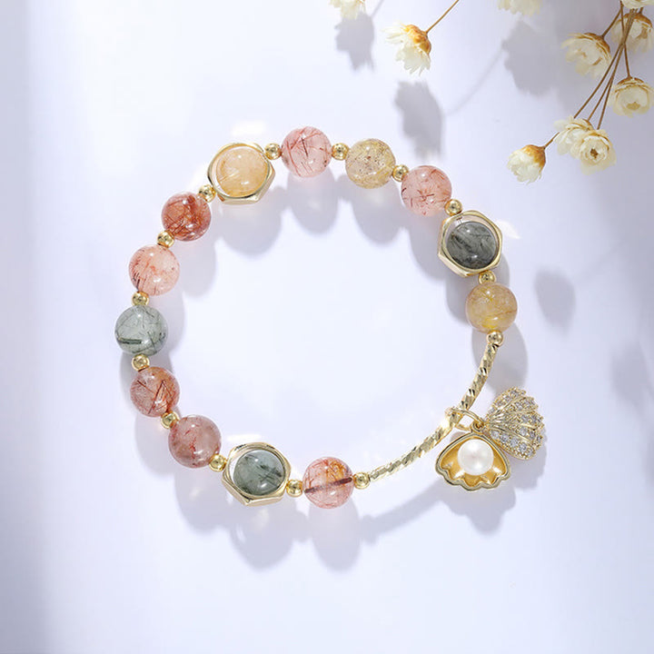 Buddha Stones Natural Colorful Rutilated Quartz Shell Protection Bead Bracelet - image 3