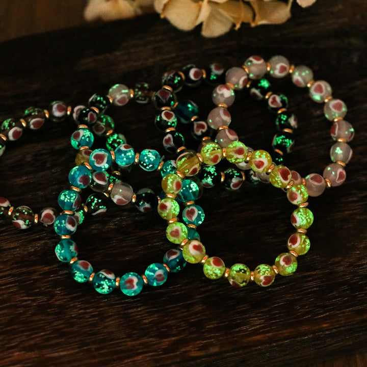 Buddha Stones Gold Swallowing Beast Family Pink Love Heart Luminous Fluorescent Liuli Glass Bead Bracelet - image 21