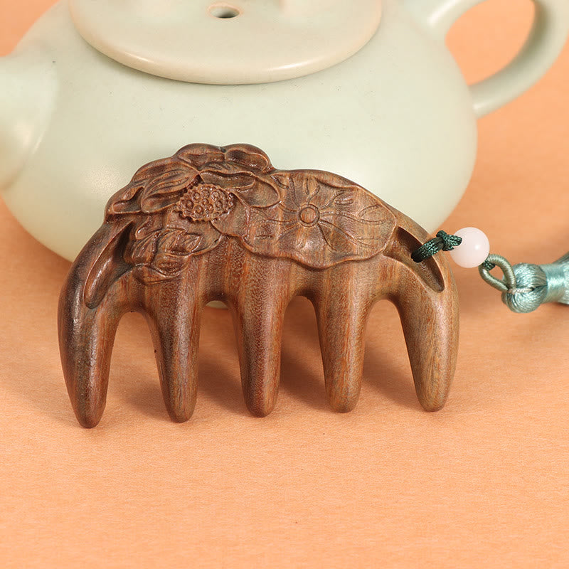 Green Sandalwood Plum Blossom Flowers Lotus Koi Fish Engraved Soothing Tassel Comb - Green Sandalwood Lotus Leaf Pod - image 9
