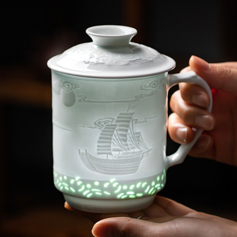 Buddha Stones Jingdezhen Linglong Porcelain Auspicious Dragon Phoenix Boat Smooth Sailing Ceramic Teacup Office Tea Cups 420ml - Boat Smooth Sailing 9.5cm*13.5cm*420ml - image 9